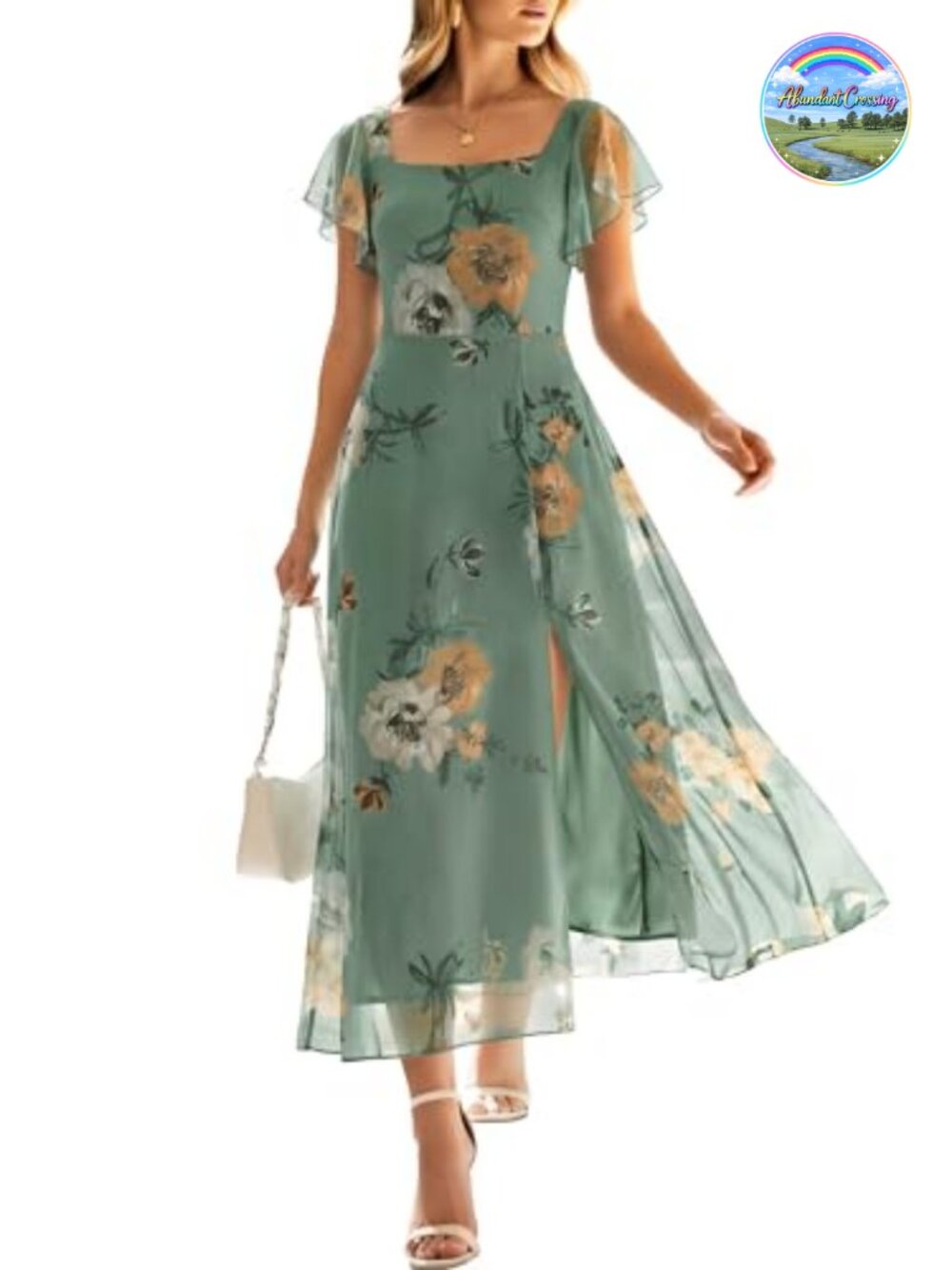 Women Floral Tulle Square Neck Ruffle Sleeve High Slit Formal Midi Dress